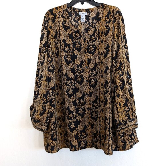 CATHERINES Blouse Plus‎ 3X Black Golden Floral Print Button Roll Tab Sleeve Top - Picture 1 of 11